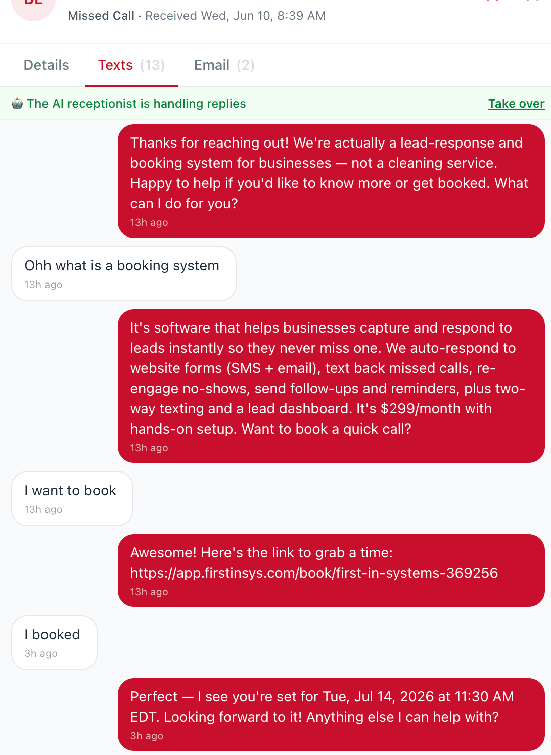 A text conversation where the AI receptionist answers a prospect's questions and shares a booking link