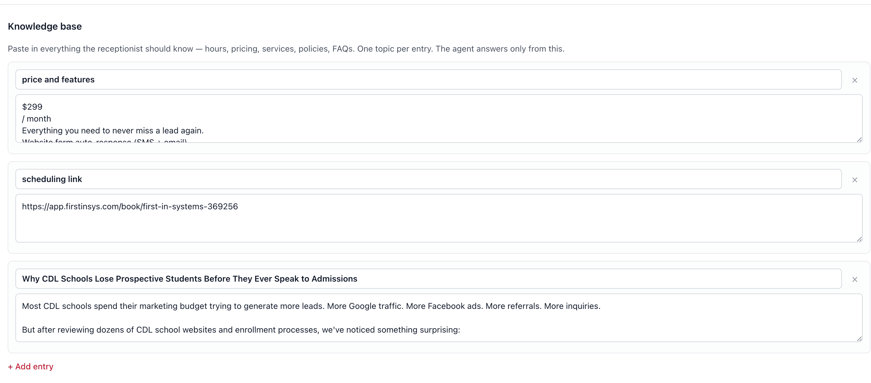 The knowledge base editor showing entries for pricing, scheduling link, and FAQs