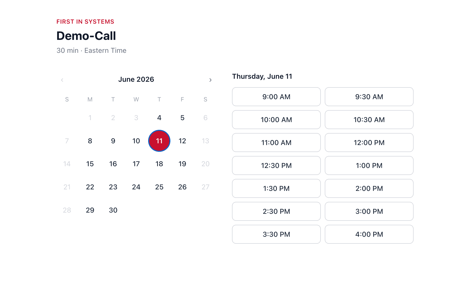 Online scheduling calendar showing available 30-minute call times for a prospective student