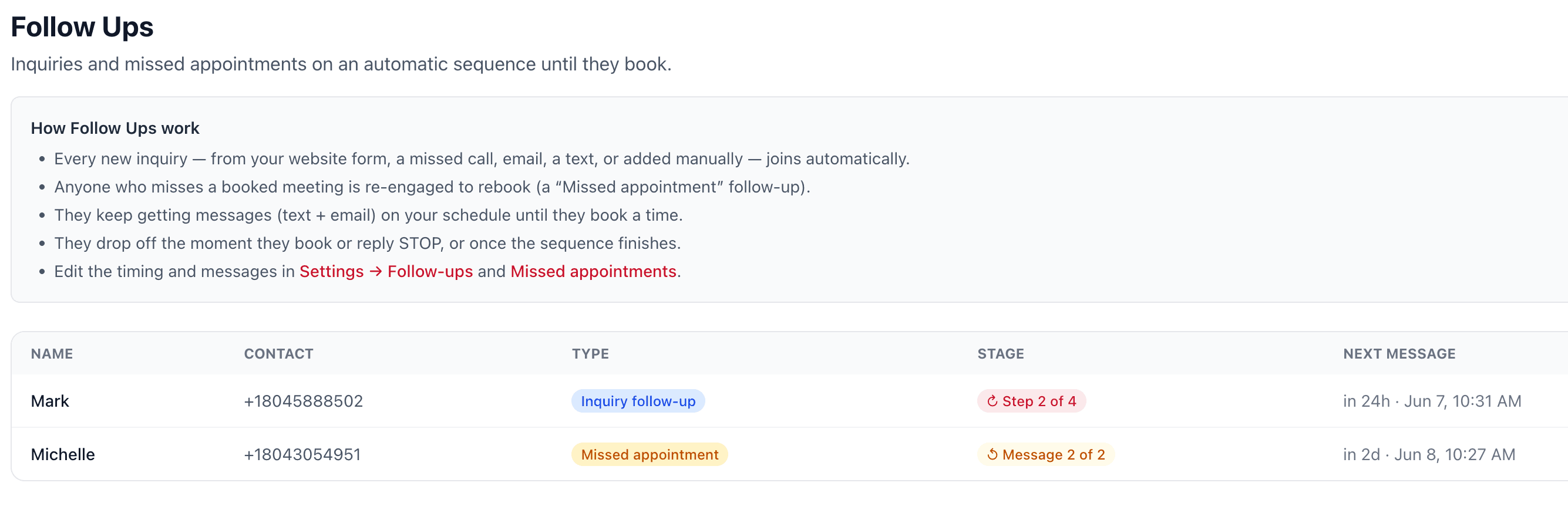 Follow-ups dashboard listing leads on automatic sequences, including a missed appointment being re-engaged to rebook