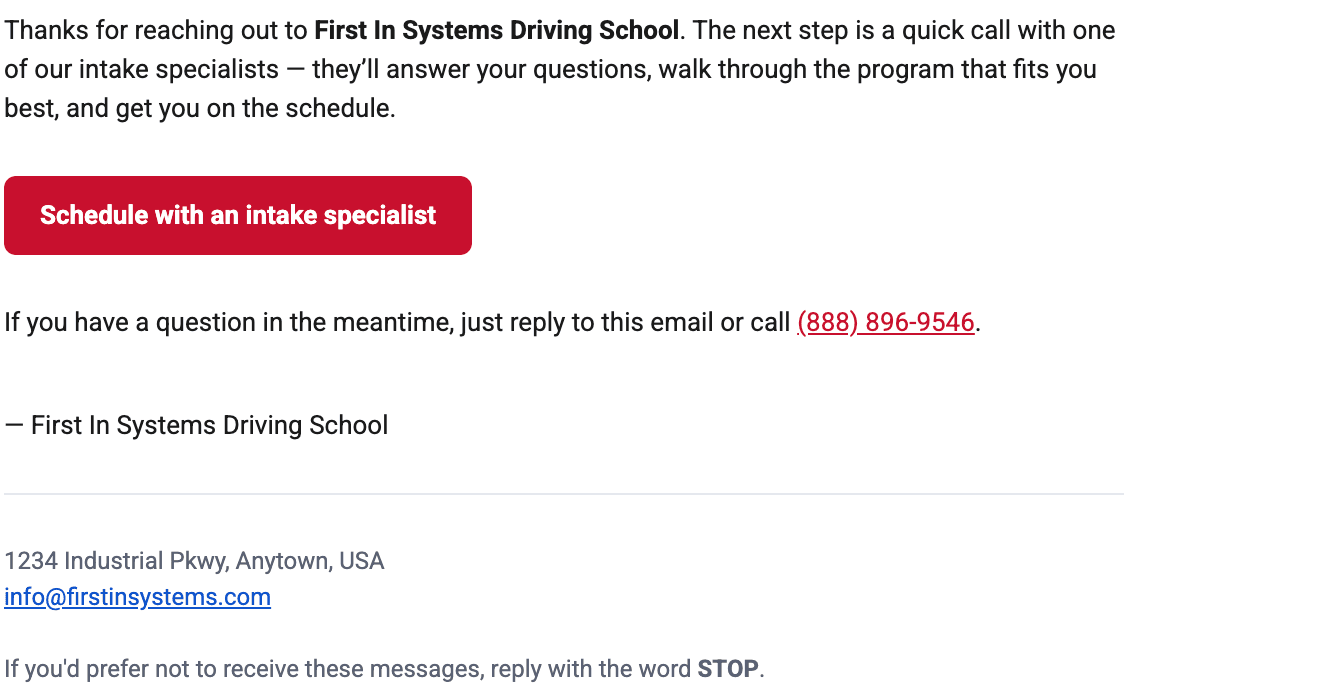 Automated reply email thanking a prospect for reaching out, with a button to schedule with an intake specialist