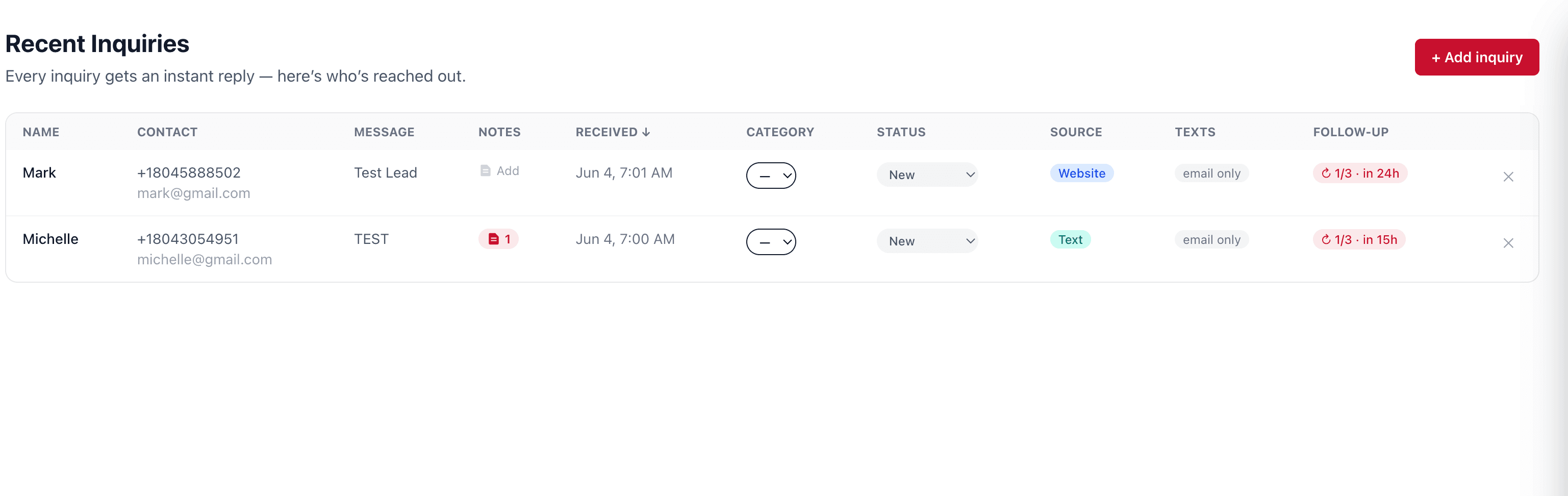First In Systems dashboard listing recent inquiries with contact details, source, and follow-up status