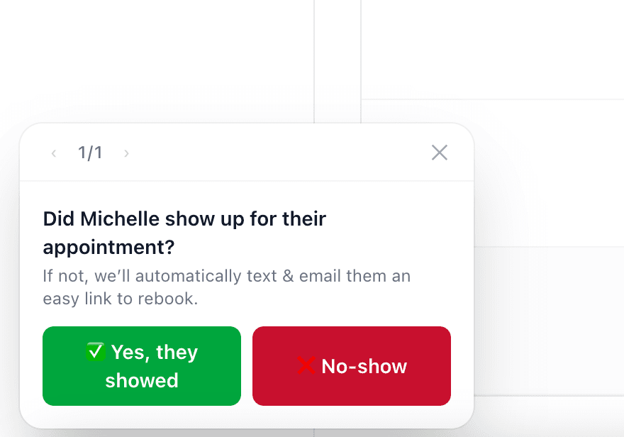 Prompt asking whether Michelle showed up for their appointment, with 'Yes, they showed' and 'No-show' buttons