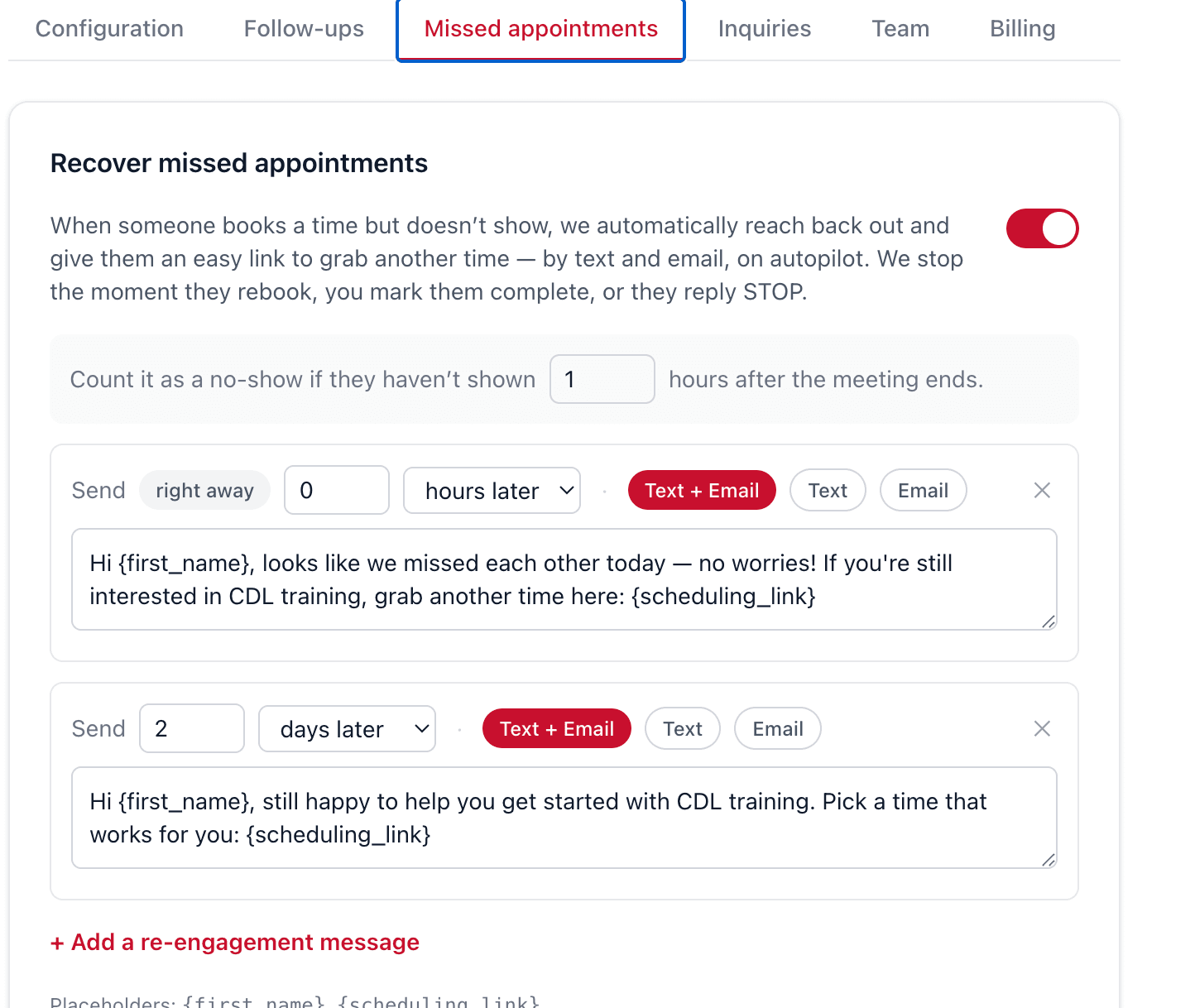 No-show recovery settings showing automatic re-engagement messages sent by text and email after a missed appointment