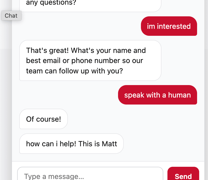 A chat where a visitor asks to speak with a human and a team member named Matt joins the conversation