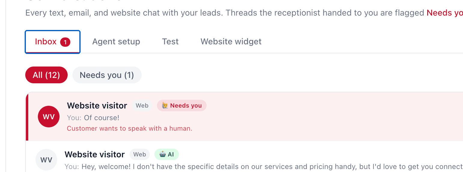 A unified inbox listing website chat threads, one flagged 'Needs you' because the customer wants a human