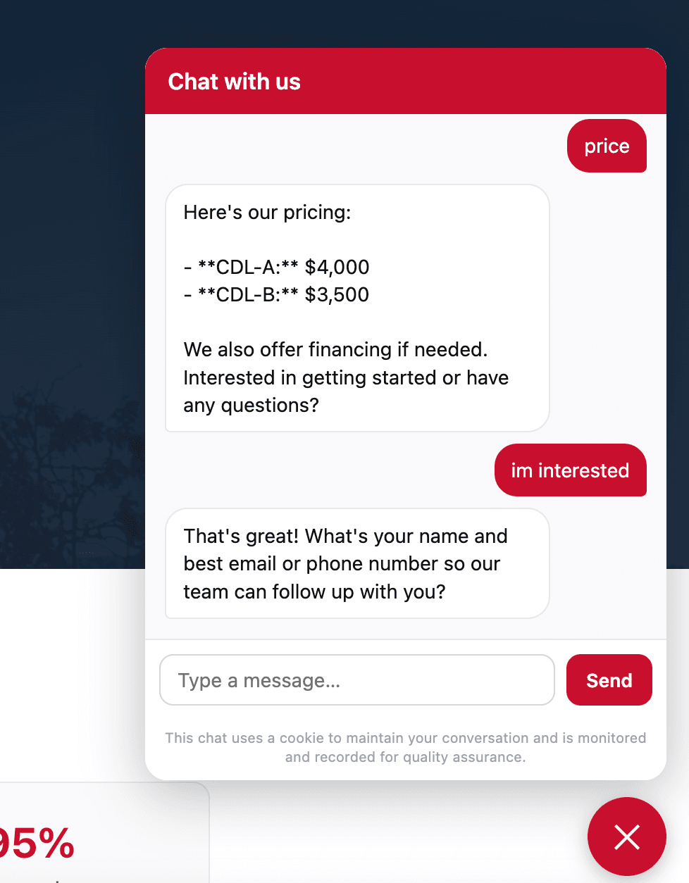 A website chat widget answering a visitor's pricing question and asking for their contact details