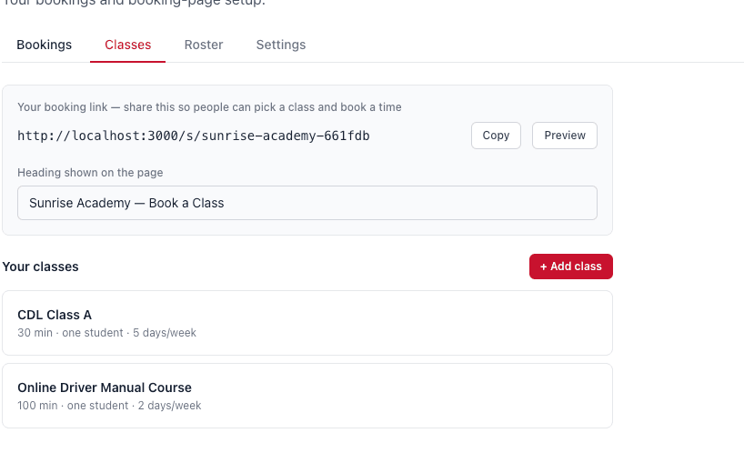 A list of classes behind one shareable booking link — CDL Class A and an Online Driver Manual Course