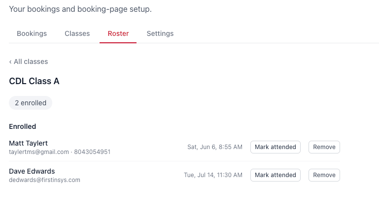 A class roster showing enrolled students with mark-attended and remove controls