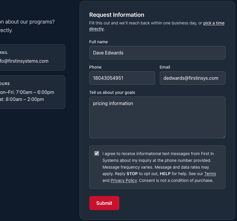 A website inquiry form captured in First In Systems