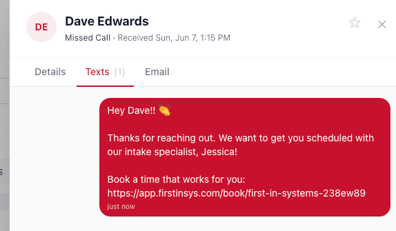 An automatic SMS reply sent to a prospect within seconds, with a scheduling link