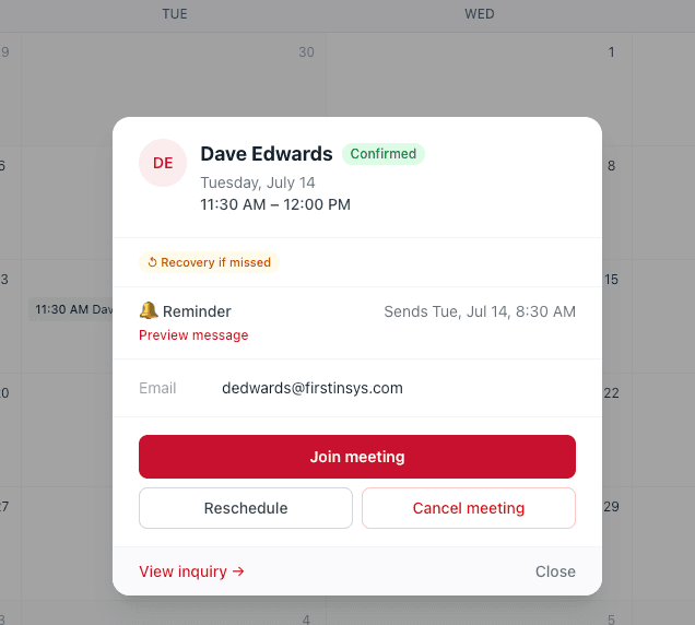 A confirmed appointment on the calendar with a reminder and no-show recovery